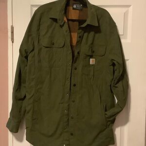 Carhartt Olive Green Workshirt Jacket with Plaid Interior Long Relaxed Fit Tall